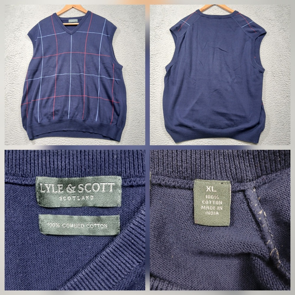 Lyle & Scott Sweater Vest Mens XL Blue Plaid‎ V-Neck Cotton Scotland